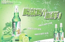 葡萄酒啤酒瓶绿色柠檬葡萄水珠素材图片